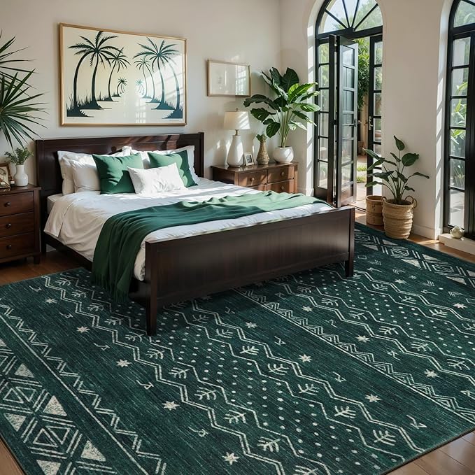SERISSA 6x9 Area Rugs for Living Room, Washable Non-Slip Dark Green Boho Rug, Soft Low-Pile Geometric Indoor Large Carpet for Dining Room Bedroom Home Office Playroom