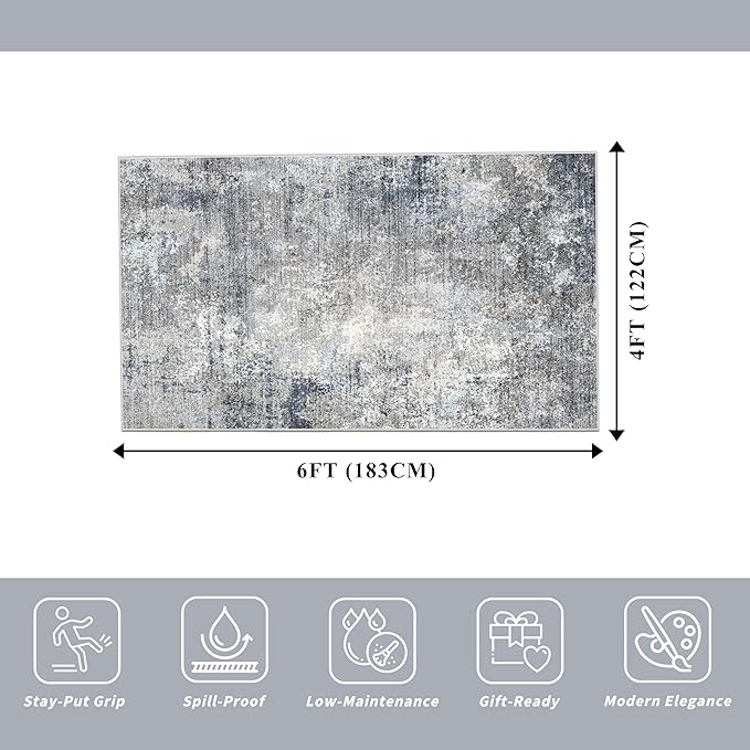 4x6 Rug Machine Washable Non-Slip – Soft Small Area Rug for Indoor Entryway Living Room Bedroom Kitchen – Modern Abstract Neutral Low Pile Carpet（Blue Grey,4x6）