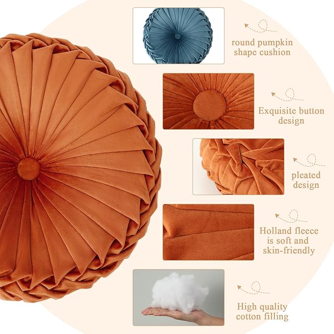 Drydiet 3 Pcs Round Throw Velvet Pillows Decorative Pleated Throw Pillows 15'' Diameter Accent Pumpkin Boho Chair Cushion for Couch Sofa Home Decoration (Yellow,Brunt Orange,Blue)