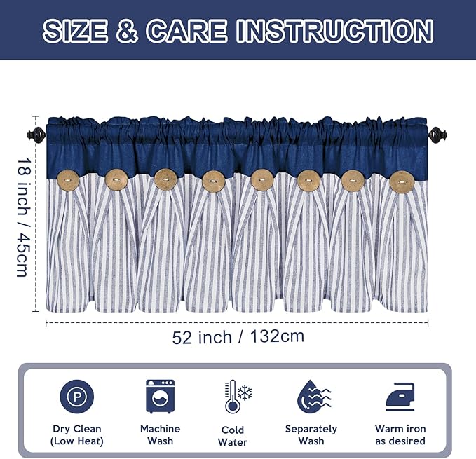 ASPMIZ Cotton Linen Kitchen Valance Curtains, Boho Rustic Button Valances for Windows Farmhouse Style, Blue Striped Valance Window Topper Treatment Tiers, Window Valances for Bathroom, 52 x 18 Inch