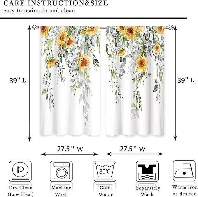 Eucalyptus Botanical Leaves Yellow Sunflower Floral Kitchen Window Curtains Flower Plant Small Window Treatment Sage Green Cafe Short Curtains for Bathroom Treatment Tier Drapes 27.9x39 inch