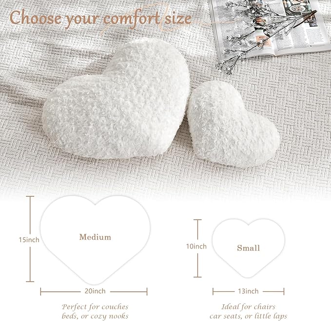 Heart Pillow White Throw Pillows, Soft Fluffy Decorative Pillows for Bed Couch Chair, Cute Heart Shaped Room Decor Gifts for Valentine Anniversary Birthday Mothers Christmas (Medium, 20"x15")