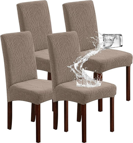 Genina Waterproof Chair Covers for Dining Room, Stretch Jacquard Dining Chair Slipcovers Removable Washable Chair Protector for Kitchen, Hotel, Restaurant (Leaves-Taupe, 4 PCS)