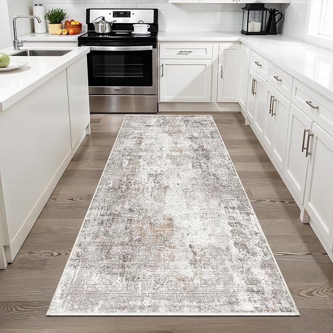 3x6 Washable Non-Slip Kitchen Runner Rug with Rubber Backing Modern Abstract Stain Resistant Floor Carpet Runner for Hallway, Entryway, Bedroom, Living Room - Beige/Grey/Brown