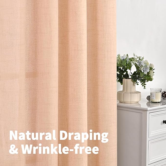 YoungsTex Peach Linen Curtains 80 Inches Long for Living Room, Coral Semi Sheer Drapes Textured with Bronze Grommet Light Filtering Spring for Dining Bedroom, 52 x 80 Inch, 2 Panels
