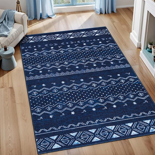 SERISSA 3x5 Area Rugs for Living Room, Washable Non-Slip Blue and White Small Boho Rug, Soft Low-Pile Geometric Indoor Throw Carpet for Bedroom Kitchen Dining Room Office