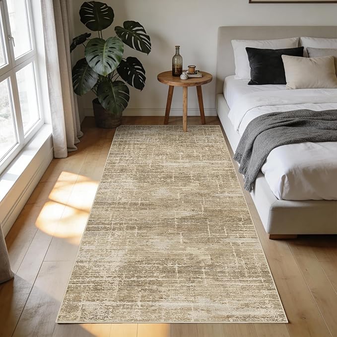 3x6 Washable Kitchen Runner Rug - Modern Abstract Neutral Carpet with Non-Slip Backing Low-Pile Stain-Resistant Thin Runners for Hallway Bathroom Bedroom Entryway (3x6，Tan/Brown)