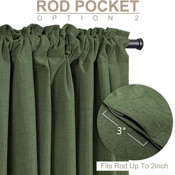 100% Blackout Shield Linen Blackout Curtains for Bedroom 108 Inches Long, Back Tab/Rod Pocket Living Room Drapes, Thermal Insulated Blackout Curtains 2 Panels Set, 50" W x 108" L, Moss Green