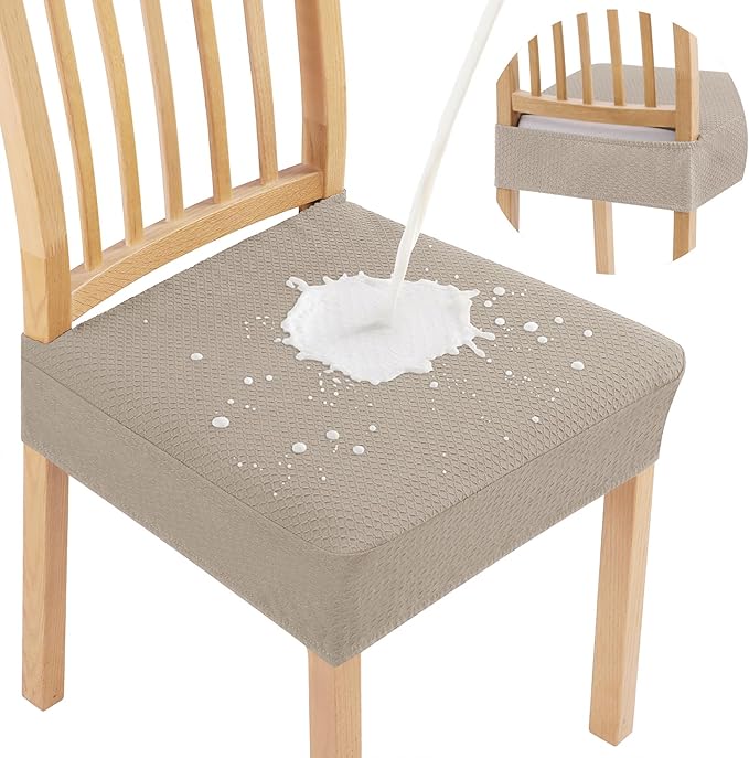 Smiry Waterproof Seat Covers for Dining Room Chairs Set of 2, Stretch Jacquard Removable Washable Chair Seat Slipcovers Protector, No Rear Covers, Taupe