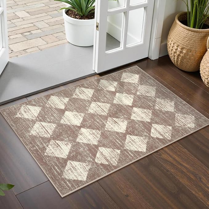 Lahome Zelie Moroccan Treills Area Rug - 2x3 Small Beige Bathroom Rug Door Rugs for Entryway Indoor, Checkered Washable Non Slip Throw Carpet for Bathroom Powder Room Kitchen Bedroom Front Door