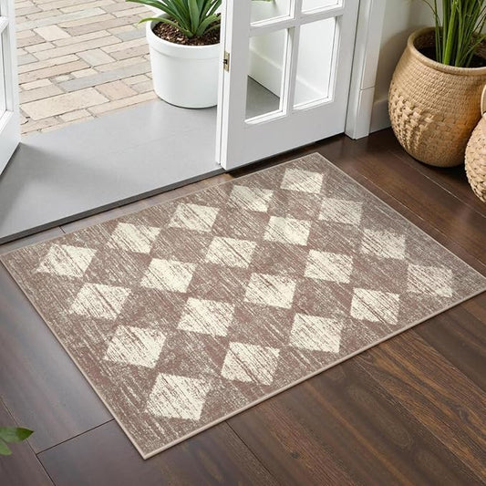 Lahome Zelie Moroccan Treills Area Rug - 2x3 Small Beige Bathroom Rug Door Rugs for Entryway Indoor, Checkered Washable Non Slip Throw Carpet for Bathroom Powder Room Kitchen Bedroom Front Door
