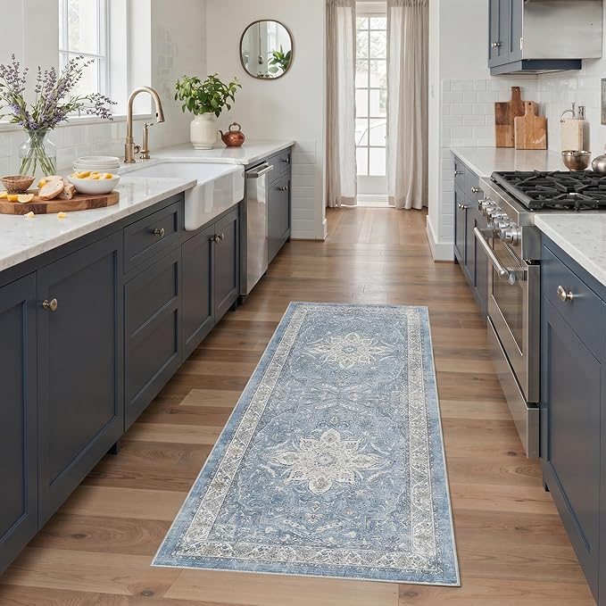 GENIMO Runner Rug for Hallways Machine Washable, 2x5 Non Slip Boho Vintage Lightweight Washable Runners, Thin Floor Rugs for Entryway Hallway Bathroom Laundry Room Corridor, Blue
