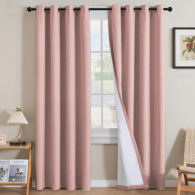 H.VERSAILTEX Linen Curtains 100% Blackout Curtains for Bedroom 96 inch Long Full Light Blocking Nature Linen Blended Window Curtains for Living Room Nickel Grommet (2 Panels, Heathered Baby Pink)