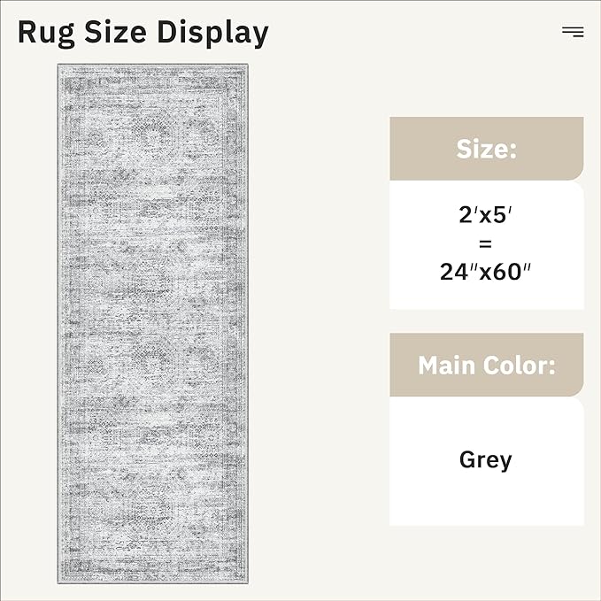 Soalmost Runner Rug 2x5 Washable Non-Slip Kitchen Runner Rugs for Bathroom Laundry Room Grey Vintage Floor Carpet Runners for Hallway Entryway