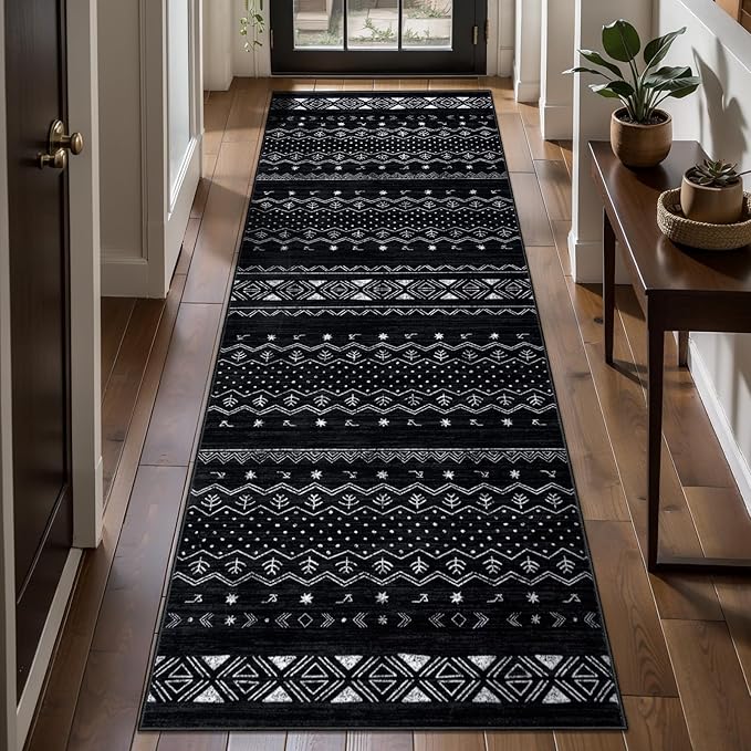 SERISSA 2x5 Kitchen Runner Rug, Washable Non-Slip Black and White Boho Rug, Soft Low-Pile Geometric Indoor Carpet for Hallway Laundry Room Bathroom Bedroom Entryway