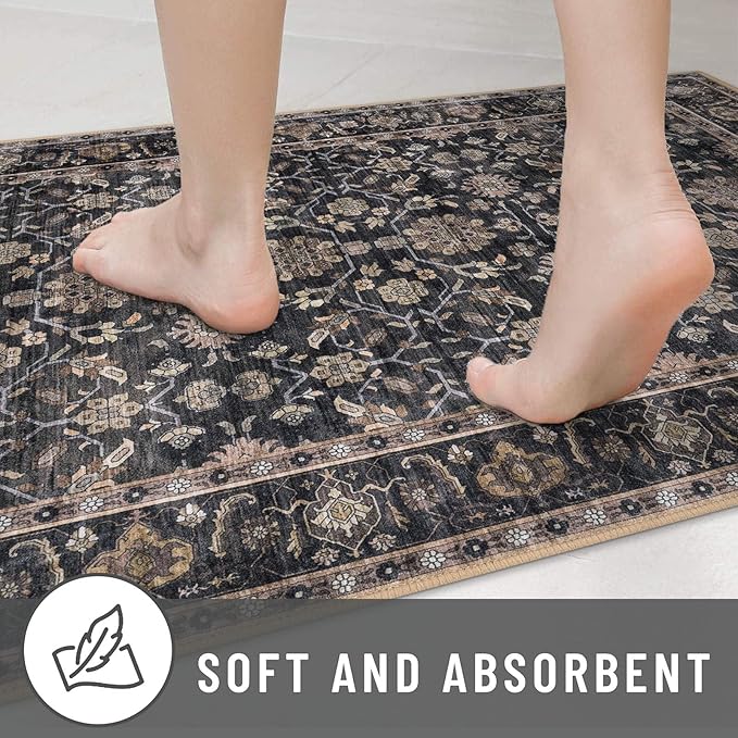 KUTA Runners for Hallways 2x6, Vintage Floral Rug Non-Slip Washable Kitchen Rugs Brown Ultra Thin Soft Printed Distressed Flower Carpet Entryway Rugs for Bedroom Laundry Nursery