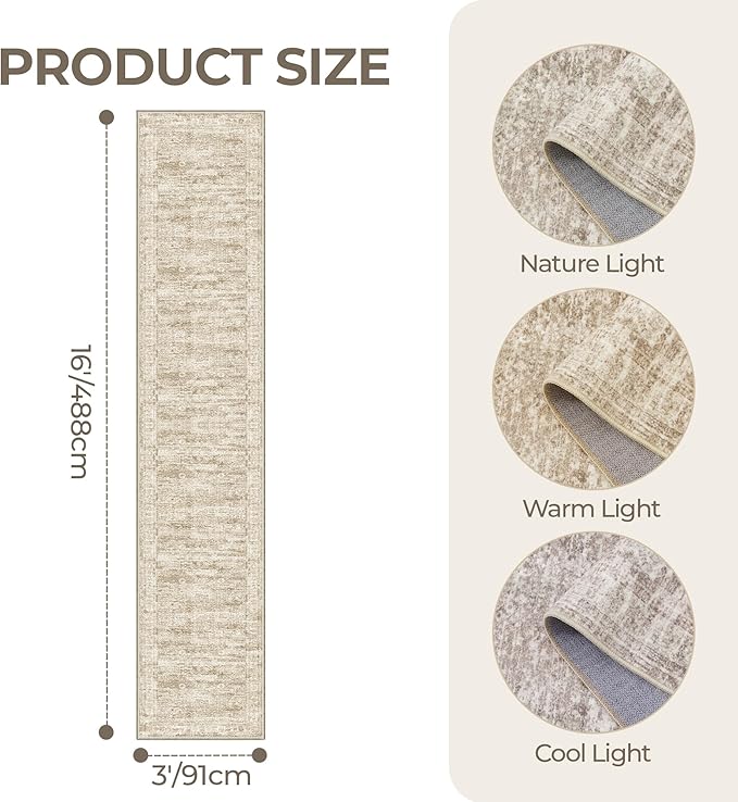3x16 Washable Runner Rug for Hallway, Non-Slip Long Hallway Runner for Entryway, Soft Vintage Kitchen Mats for Floor, Abstract Dining Room, Bedroom, Living Room Rugs(3'x16', Brown/Ivory)