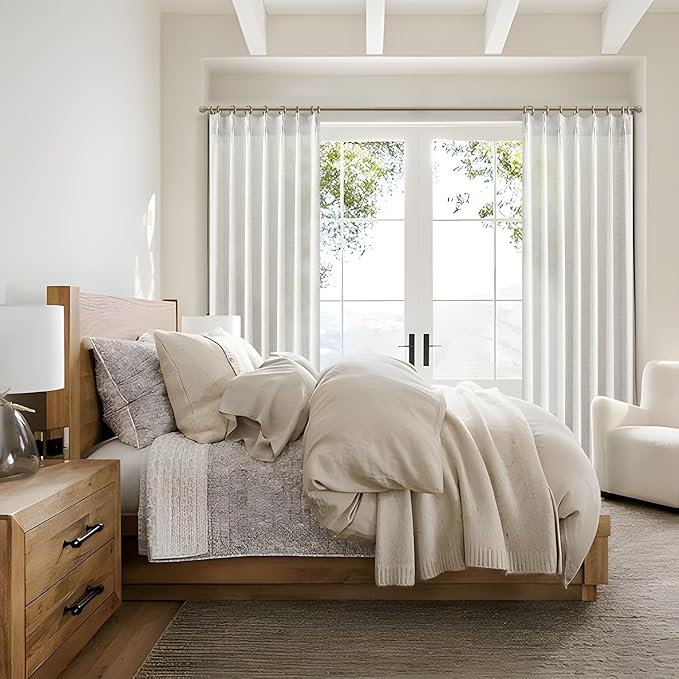 Off Beige White Farmhouse Kitchen Sheer Curtains 45 Inch Length 2 Panels, Cute Memory Trained Pinch Pleated Linen Semi Through Mini Drapes 40 x 45 Inches Short Light Filtering Curtain for Laundry Room