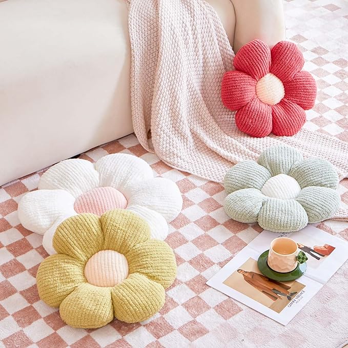 Blue Flower Decorative Throw Pillows, Cute Daisy Shaped Plush Aesthetic Pillow, Soft 14.9" Floor Seat Cushion