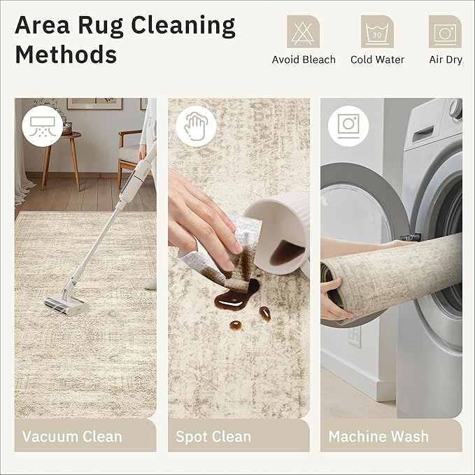 Soalmost Runner Rug 2'6" x 10' Washable Non-Slip Runner Rugs for Kitchen Bathroom Laundry Room Vintage Ultra Thin Runners for Hallway Entryway Beige