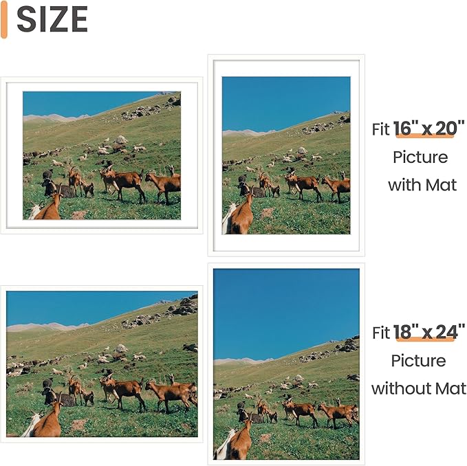 upsimples 18x24 Picture Frame, Display Pictures 16x20 with Mat or 18 x 24 Without, Wall Hanging Poster Frames, White, 1 Pack