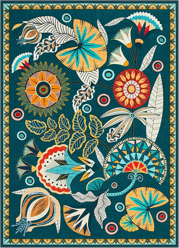 Joydeco Egypt Floral Boho Large Area Rugs for Living Room Nursery, Washable Dark Green Bedroom Rug 8x10 Under Bed, Vintage Non Slip Indoor Throw Carpet for Playroom Dining Room Dorm