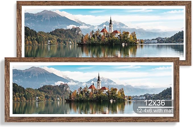 12x36 Picture Frame 2 Packs, Real Glass and Rustic Brown Wood Frame, Display Collage Pictures Twelve 4x6 With Mat or Pennant 12 x 36 Without Mat - Horizontal or Vertical Wall Mounting