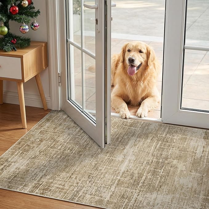 2x3 Washable Area Rug for Entryway - Small Abstract Neutral Kitchen Runner Rug with Anti-Skid Rubber Backing Soft Low Pile Thin Carpet for Bedroom Bathroom Pet Feeding Zone (2x3, Tan/Brown)