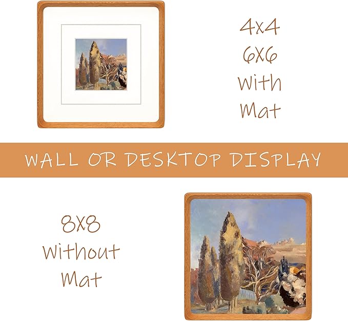 Square 8x8 Picture Frame with Mat for 4x4/6x6, Natural Teak Wood Handcrafted Rounded Corner with Real Glass, Vertical or Horizontal Display Photo Gallery Wall & Tabletop Frame