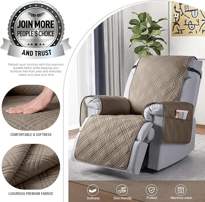 TAOCOCO Waterproof Recliner Chair Cover, Non Slip Oversized Recliner Covers for Recliner Chair with Pocket, Reclining Chair Cover Furniture Protector for Kids, Dogs(28'', Gray Taupe)