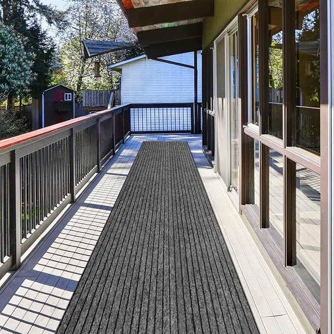 Runner Rug 3 ft x 45 ft Indoor/Outdoor Low Profile, Hallway, Kitchen, Patio, Deck Area, RV, Entryway, Garage, with Non-Slip Rubber Backing, Gray with Black Stripe, Custom