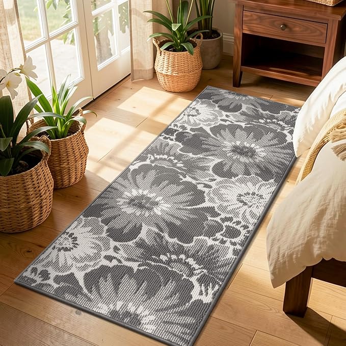 Findosom Hallway Runner Rug 2x6, Non Slip High-Low Textured Floral Washable Runner Rug with Rubber Backing, Boho Carpet Runner for Kitchen, Entryway, Bedroom, Laundry, Gray