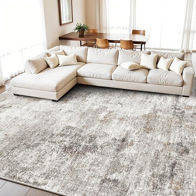 8x10 Washable Living Room Rug – Modern Neutral Abstract Soft Large Area Rug for Bedroom Dining Room Home Office Kitchen - Non-Slip Low Pile Thin Stain-Resistant Carpet (Beige,Grey)