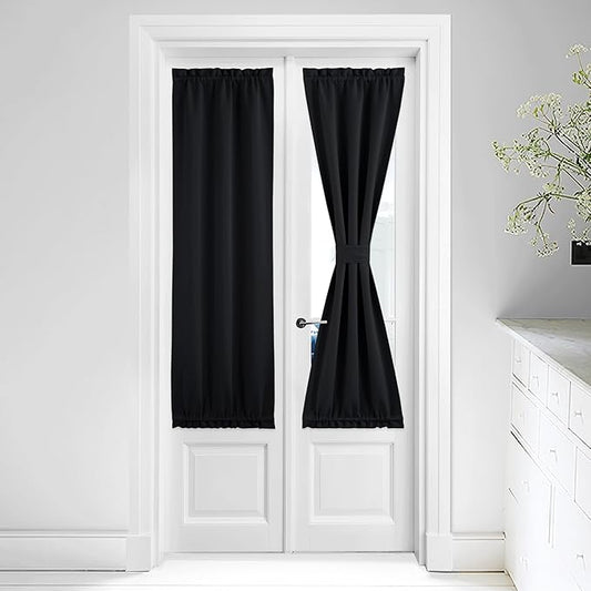 NICETOWN Black Insulated Door Blackout Curtain, French Curtain Rod Pocket Window Treatment Thermal Shade for Sliding Door with Tieback Classroom Curtains for Privacy, 25 x 64 inch, 1 Panel