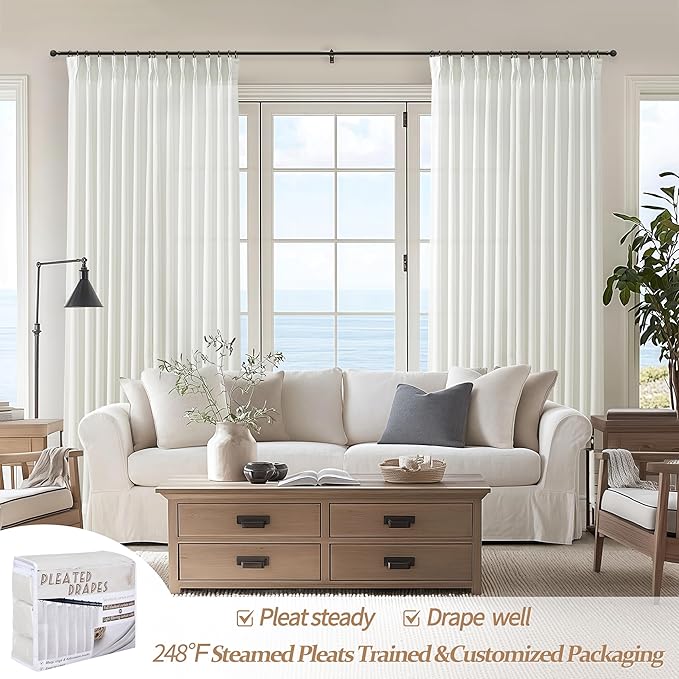 High Ceiling Pure White Extra Long 120 Inch Curtains for Sliding Glass Doors 2 Panels Set, Memory Trained Pinch Pleat Thick Linen Curtain for Living Room Light-Filtering Sheers Lush Decor Viral Drapes