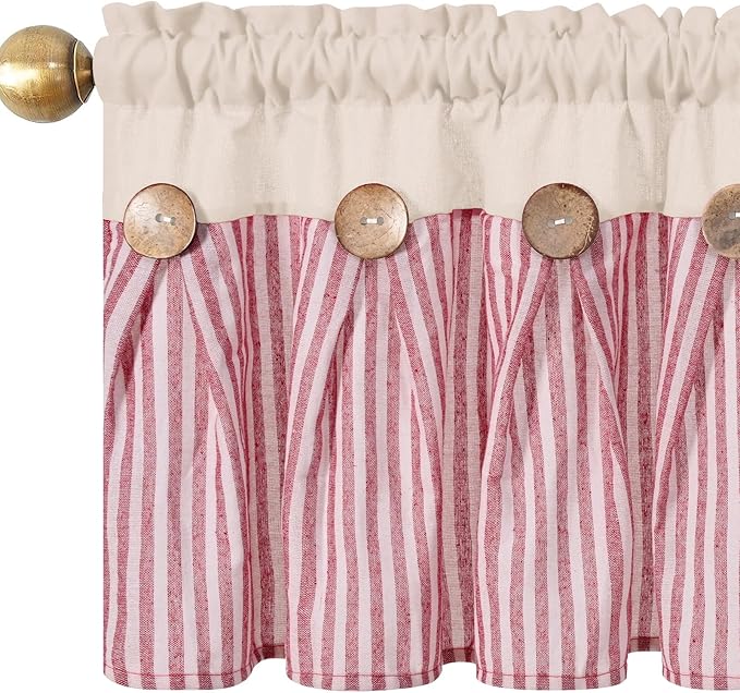 ASPMIZ Farmhouse Cotton Linen Valances for Windows, Boho Kitchen Curtains Valances with Rustic Button, Red Stripe Window Treatments Curtain Valance for Bathroom Cafe, 52 x 18 Inch, 1 Pannel