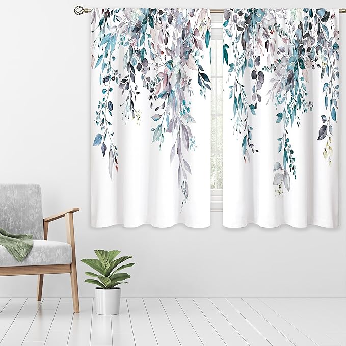 Blue Grey Eucalyptus Botanical Leaves Floral Kitchen Window Curtains Over Sink Farmhouse Flower Leaf Small Window Treatment Cafe Short Curtains for Bathroom Treatment Tier Drapes 42x45 inch