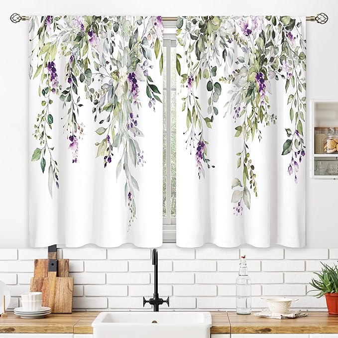 Eucalyptus Botanical Leaves Purple Floral Kitchen Window Curtains Flower Plant Leaf Small Window Treatment Sage Green Cafe Short Curtains for Bathroom Treatment Tier Drapes 27.9x39 inch