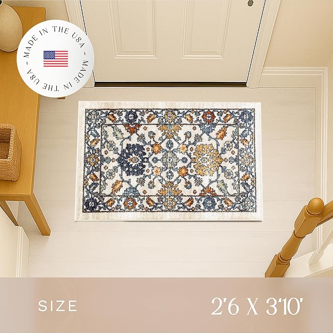 Maples Rugs Benton Oriental Area Rugs – Made in USA – Washable, Non-Slip, Low Profile Indoor Rug for Entryway, Foyer, Kitchen, and Bathroom, 30" x 46", Beige