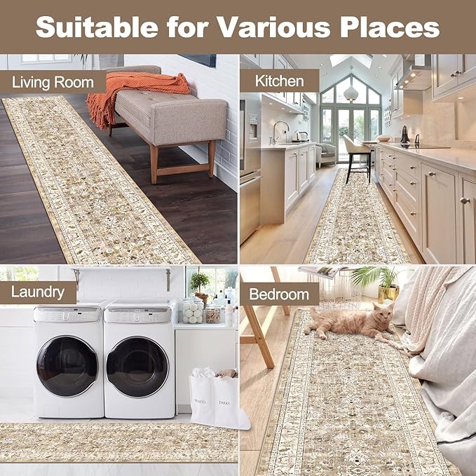 LOKHOM Washable Runner Rug, 2x12 Non-Slip Vintage Hallway Runner Rugs with Rubber Backing, Boho Soft Stain Resistant Distressed Kitchen Rugs Floor Carpet Runner for Hallway Entryway Laundry Bedroom