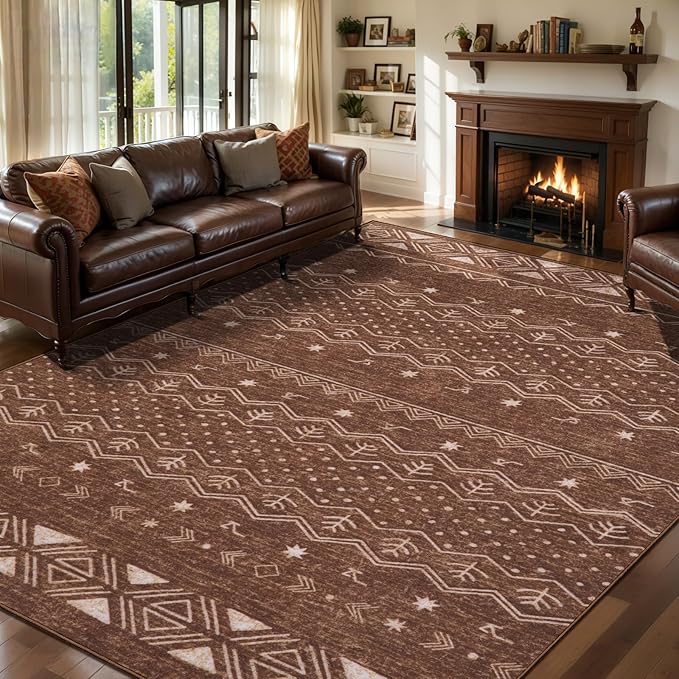 SERISSA 6x9 Area Rugs for Living Room, Washable Non-Slip Coffee Brown Boho Rug, Soft Low-Pile Geometric Indoor Large Carpet for Dining Room Bedroom Home Office Playroom