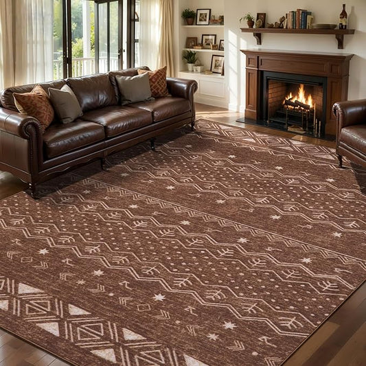 SERISSA 6x9 Area Rugs for Living Room, Washable Non-Slip Coffee Brown Boho Rug, Soft Low-Pile Geometric Indoor Large Carpet for Dining Room Bedroom Home Office Playroom