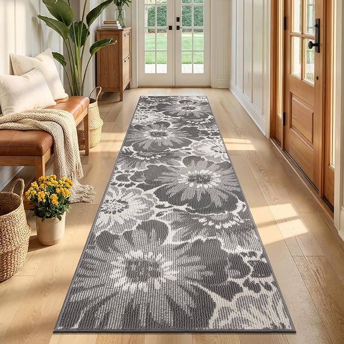 Findosom Hallway Runner Rug 2x8, Non Slip High-Low Textured Floral Washable Runner Rug with Rubber Backing, Boho Carpet Runner for Kitchen, Entryway, Bedroom, Laundry, Gray