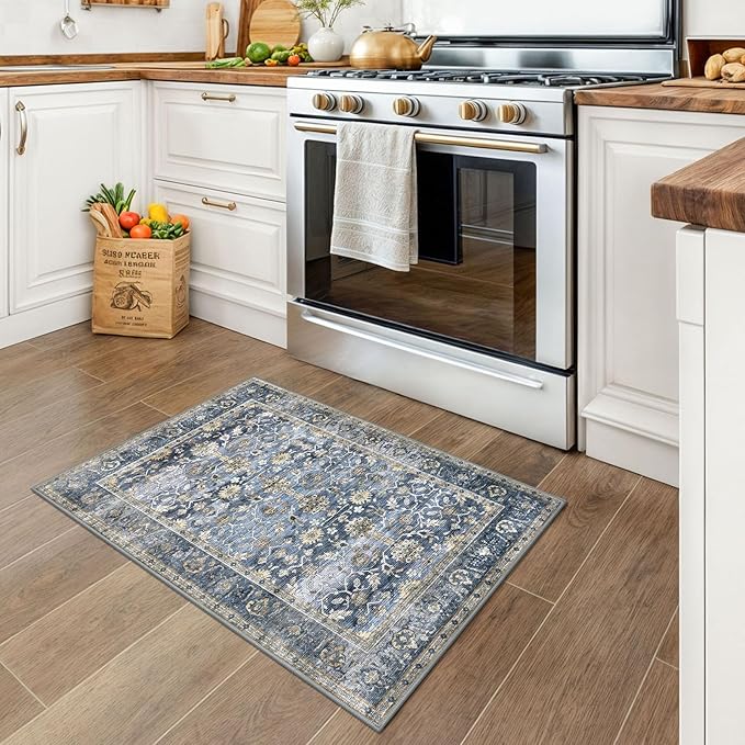 KUTA Vintage 2x3 Rugs for Entryway, Non-Slip Washable Kitchen Rugs & Indoor Door Mat with Floral Print, Blue Grey Beige Ultra Thin Soft Low-Pile Throw Rug for Front Door, Bedside, Small Spaces