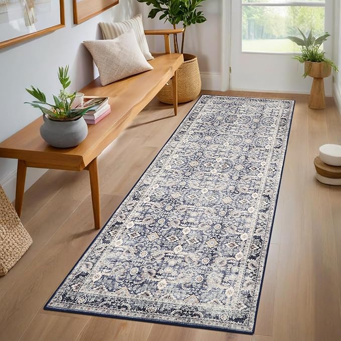 GarveeHome Runner Rug 2x6 Washable Vintage Floral Bathroom Rugs, Non Slip Low Pile Oriental Accent Carpet, Foldable Retro Runners for Hallways, Entryway, Laundry, Kitchen, Blue Grey