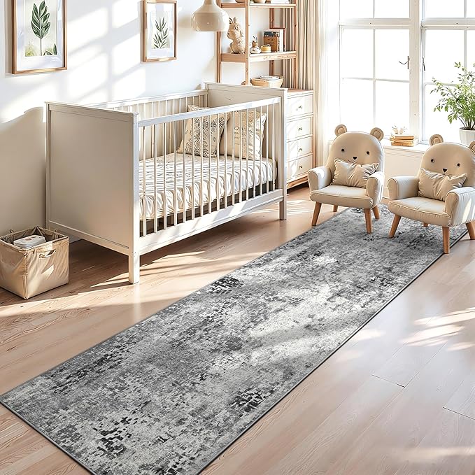 2x10 Grey Rug Runners for Hallways Kitchen Runner Rug Non Slip Washable Black Long Runner Rugs with Rubber Backing Soft Abstract Carpet Runner for Bedroom, Kitchen, Bathroom, Entryway