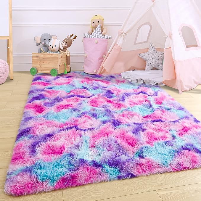 Noahas 5x8 Fluffy Rainbow Rug for Girls Bedroom,Soft Hot Pink and Purple Tie-Dyed Kids Room Rug,Shaggy Area Rugs for Living Room,Fuzzy Colorful Playroom Nursery Rugs Room Decor