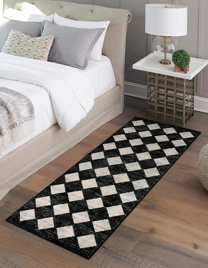 Lahome Zelie Moroccan Trellis Runner Rug - 2x6 Washable Black Bathroom Runner Rug Laundry Room Carpet Runners, Modern Soft Non Slip Indoor Floor Accent Mat for Bedside Kitchen Hall Bar Entryway RV
