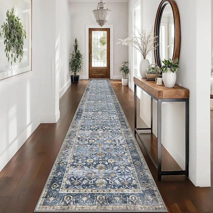 KUTA Vintage Washable Long Hallway Runner Rug, 2.6x16 Blue Grey Beige Non-Slip Kitchen Rugs Ultra Thin Soft Printed Distressed Oriental Floral Floor Carpet for Laundry Bedroom Living Room Nursery
