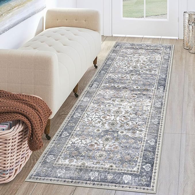 KUTA Vintage Floral Washable Hallway Runner, 2x6 Runners for Hallways Non-Slip Kitchen Rugs Grey Blue Ultra Thin Soft Printed Distressed Oriental Floor Carpet for Laundry Bedroom Living Room Nursery